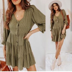 By the River Button Down Olive Dotted Tiered Long
Sleeve Dress